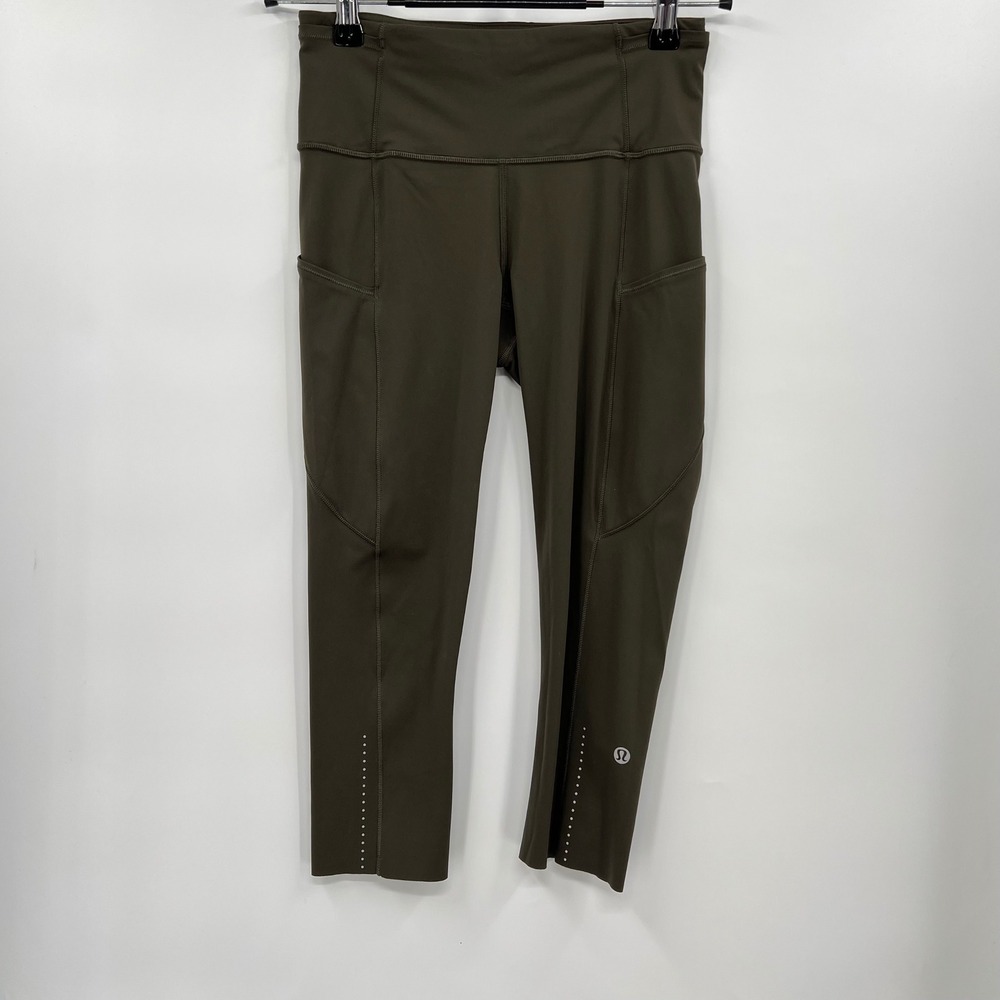 Lululemon Speed Up Crop Olive Green Running Leggings Pockets Size 4